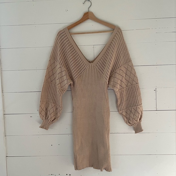 NWT Crochet Beige V Neck Sweater Dress Size XL - Picture 4 of 9